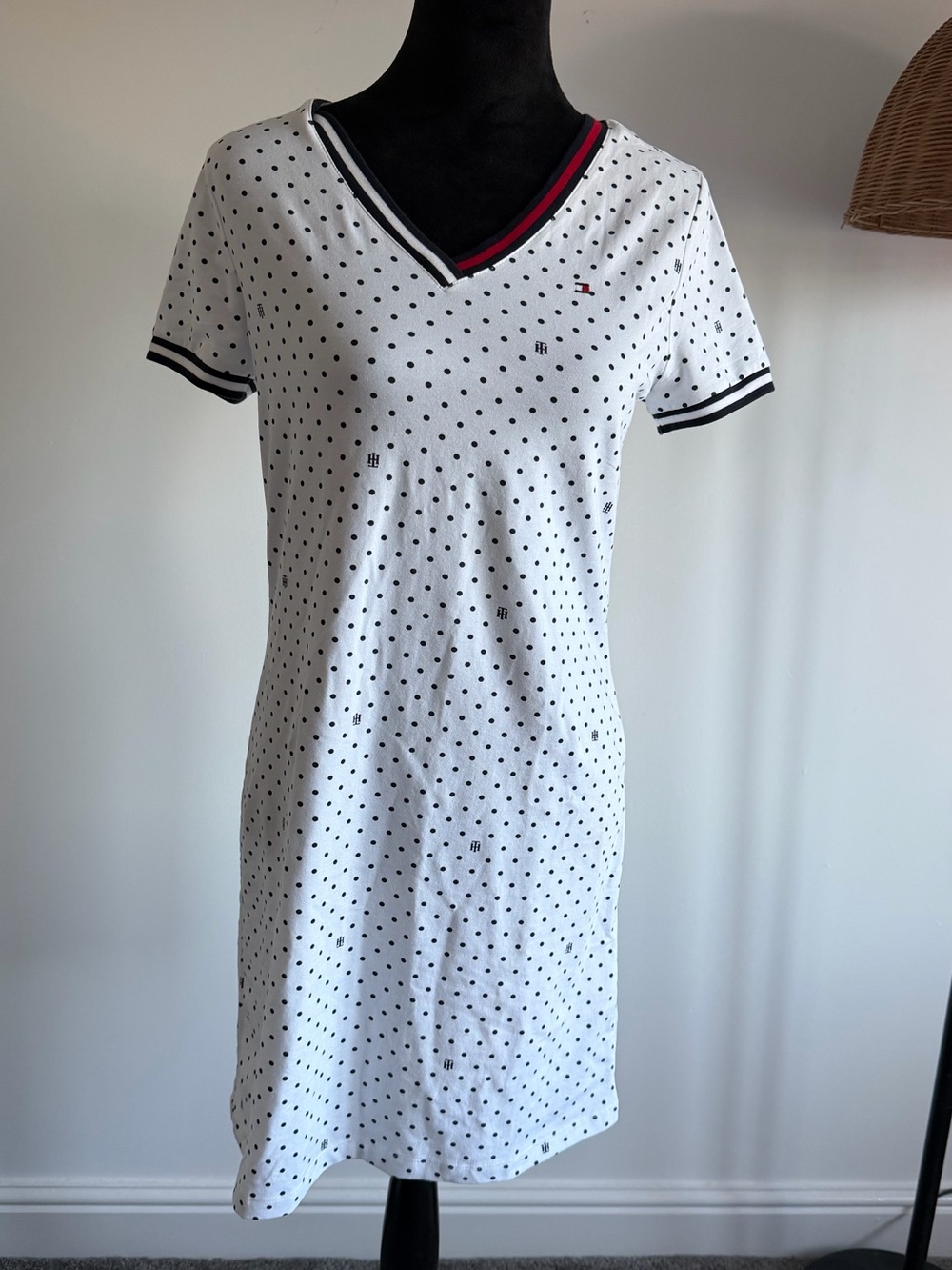 Tommy Hilfiger White Polka Dot V‑Neck Mini Dress with Navy & Red Trim